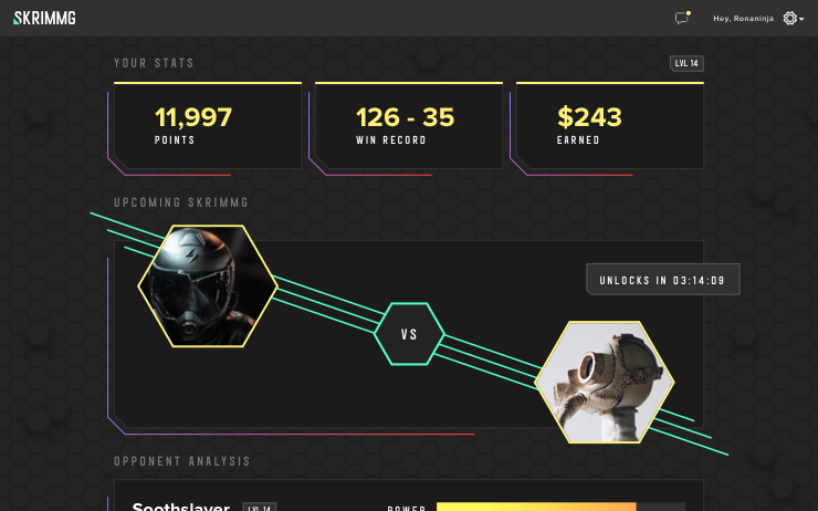 Design concept for a multiplayer gaming app dashboard